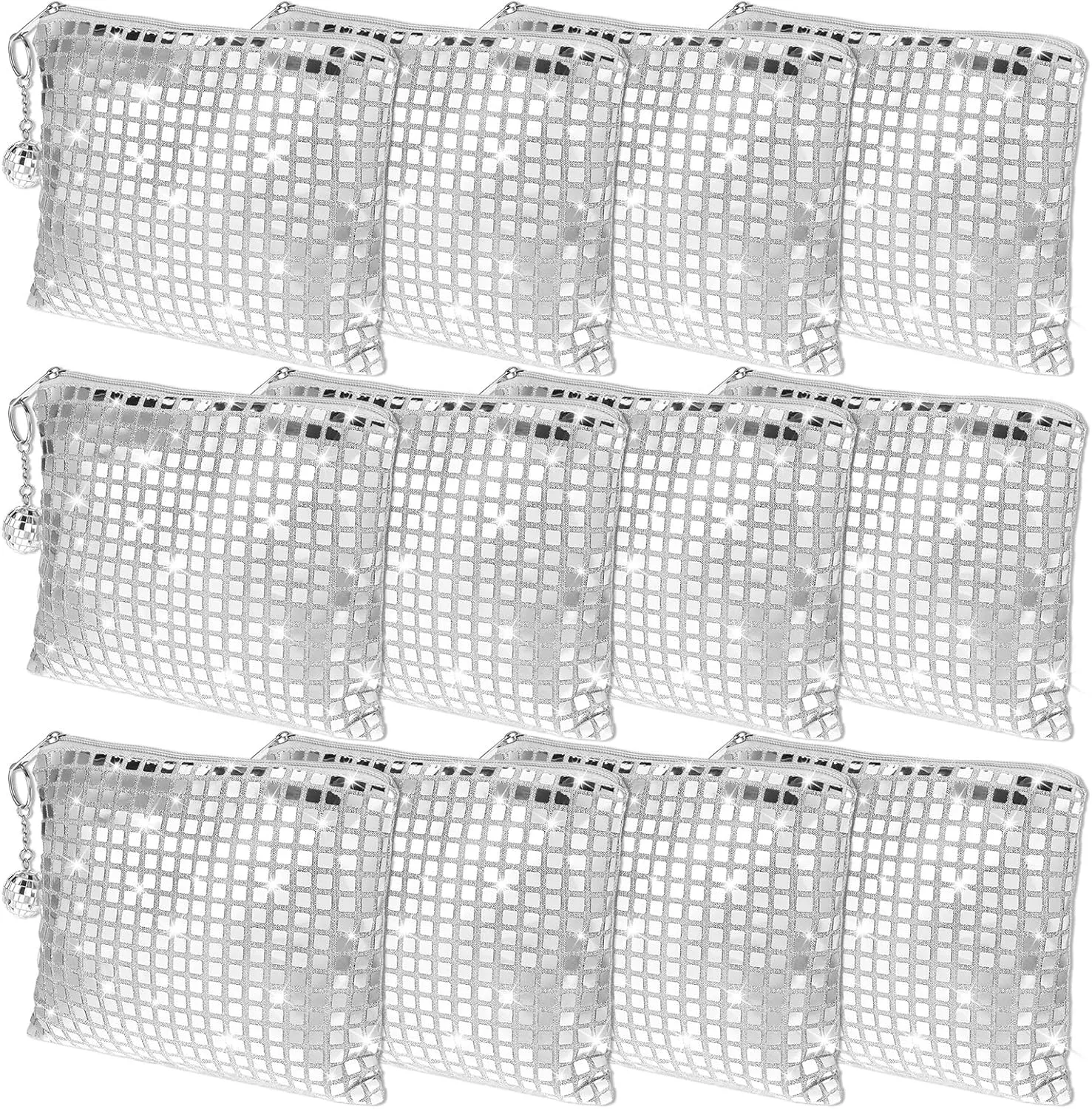 12 Pcs Disco Cosmetic Bags with Zipper Disco Party Favors Silver Glitter Sequin Mirror Makeup Bags for Bachelorette Bridal Shower Wedding 70s 80s 90s Disco Ball Party Favors