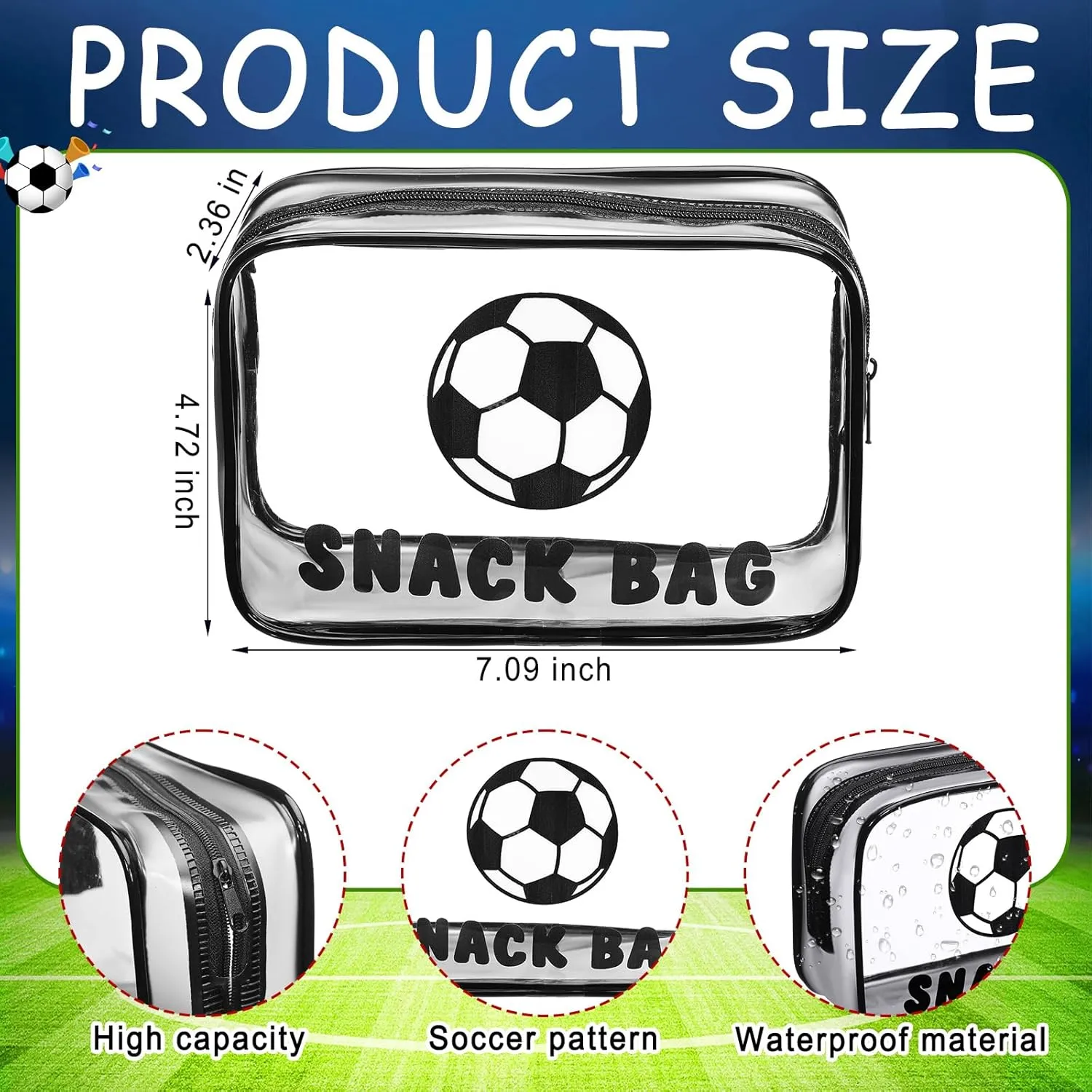 12 Pcs Soccer Snack Bags for Team Gifts Goodie Snack Treat Candy Pouch Bags Clear PVC Waterproof with Zipper Party Favors for Team Ground Birthday Gifts Sport Supplies