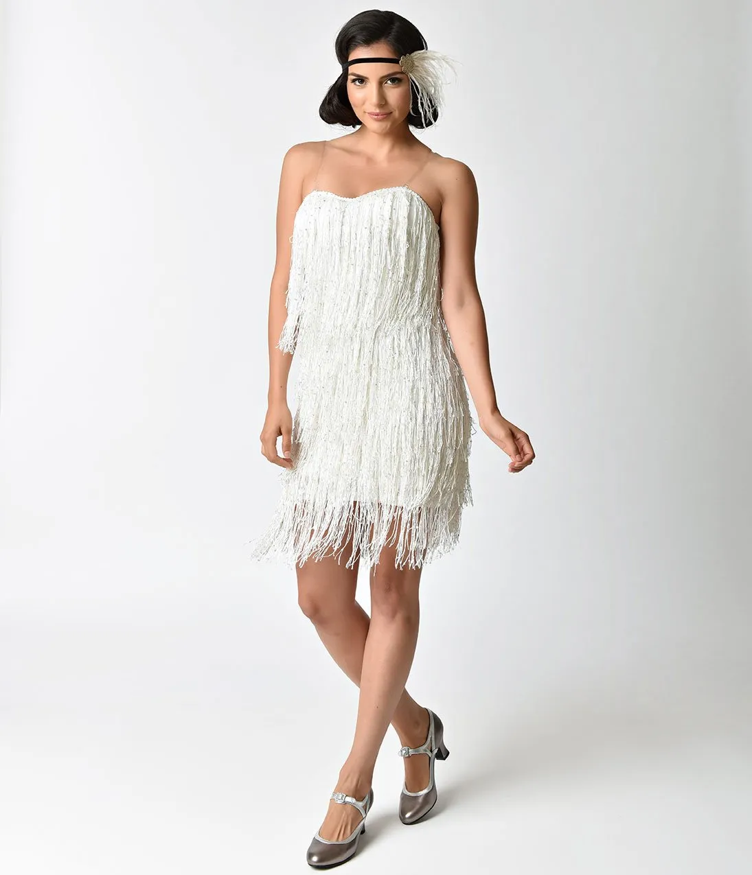 1920s Style White & Iridescent Sequin & Fringe Flapper Dress