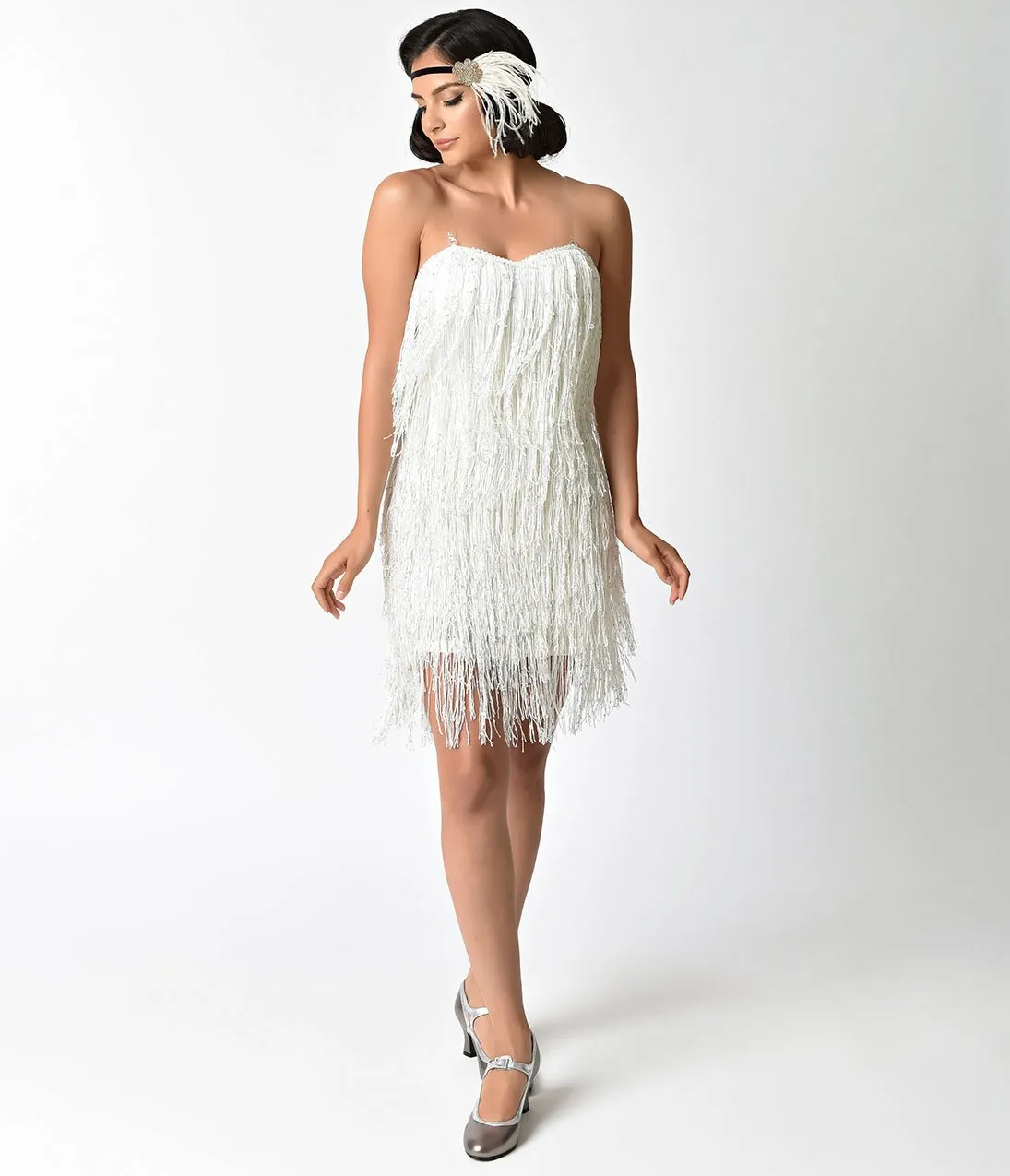 1920s Style White & Iridescent Sequin & Fringe Flapper Dress