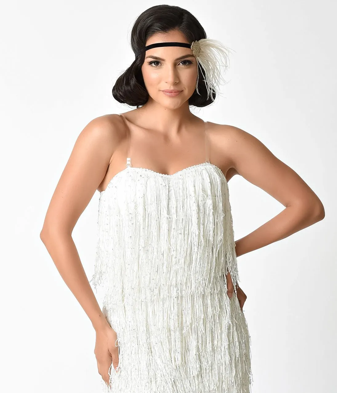 1920s Style White & Iridescent Sequin & Fringe Flapper Dress