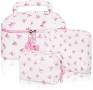 3 Pack Pink Bow Makeup Bag Cute Coquette Bowknot Cosmetic Bag Aesthetic Organizer Toiletry Bag with Zipper for Women Party Favor Supplies