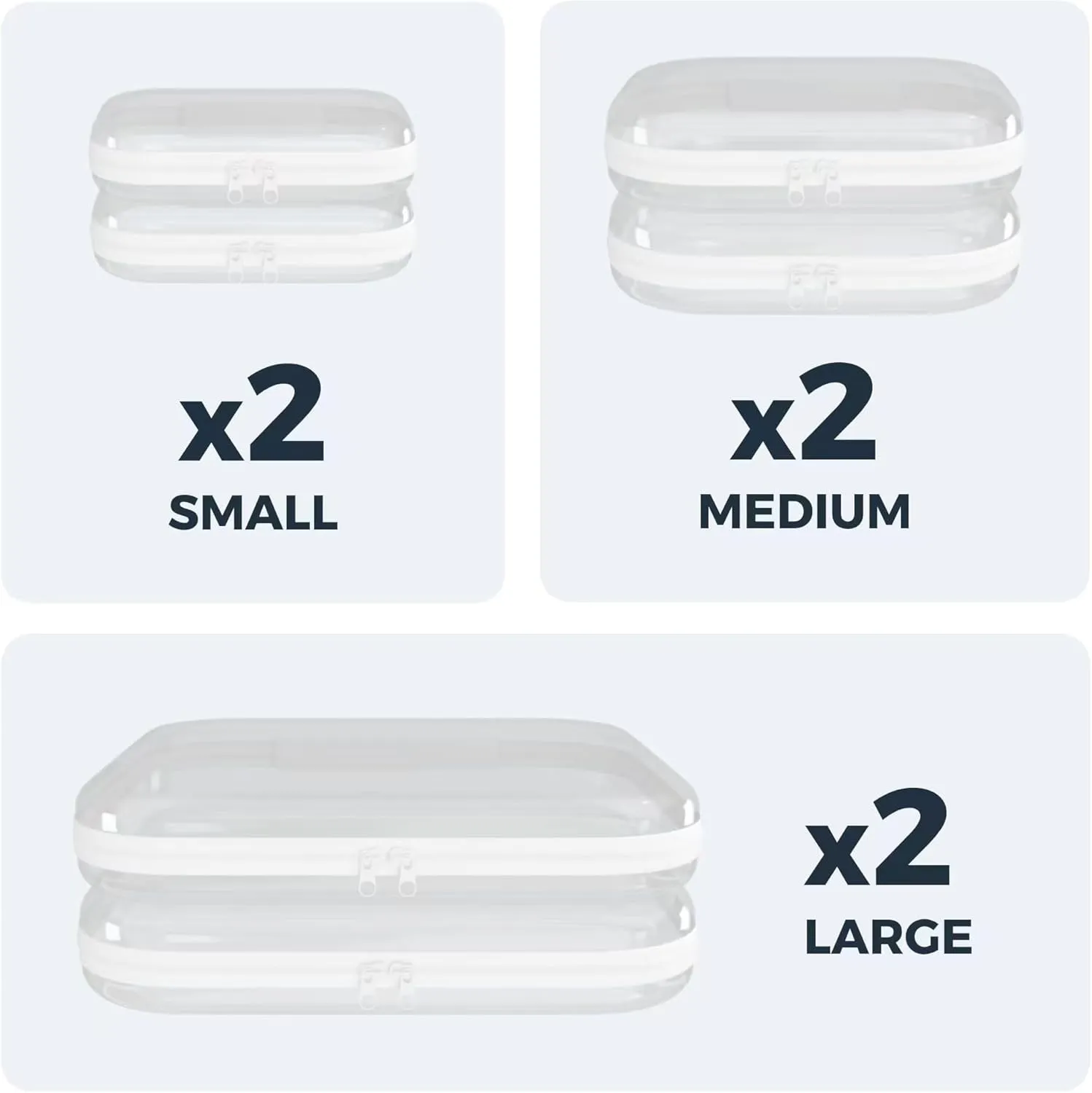 6-Pack Clear Hard Shell Zipper Case Set | Durable Travel Pouches for Toiletries, Makeup Storage Organizer, Toy Storage Box | Transparent Cosmetic Bags with Zipper for Organization (white)