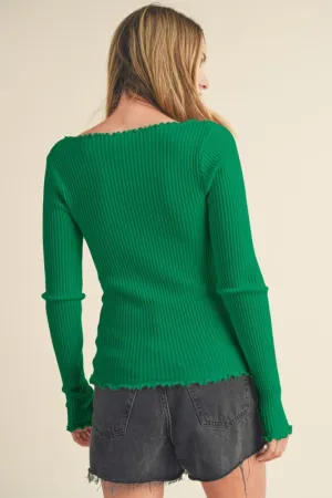 Aemi   Co Lettuce Hem Scoop Neck Long Sleeve Knit Top