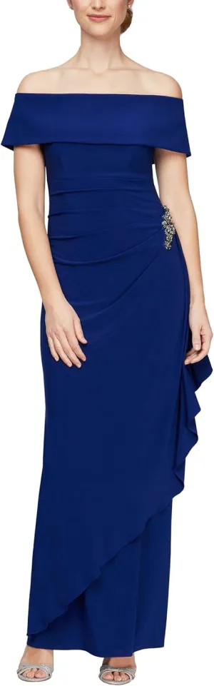 Alex Evenings Women's Long Foldover Off The Shoulder Gown, Formal Event, Mother of The Bride Dress