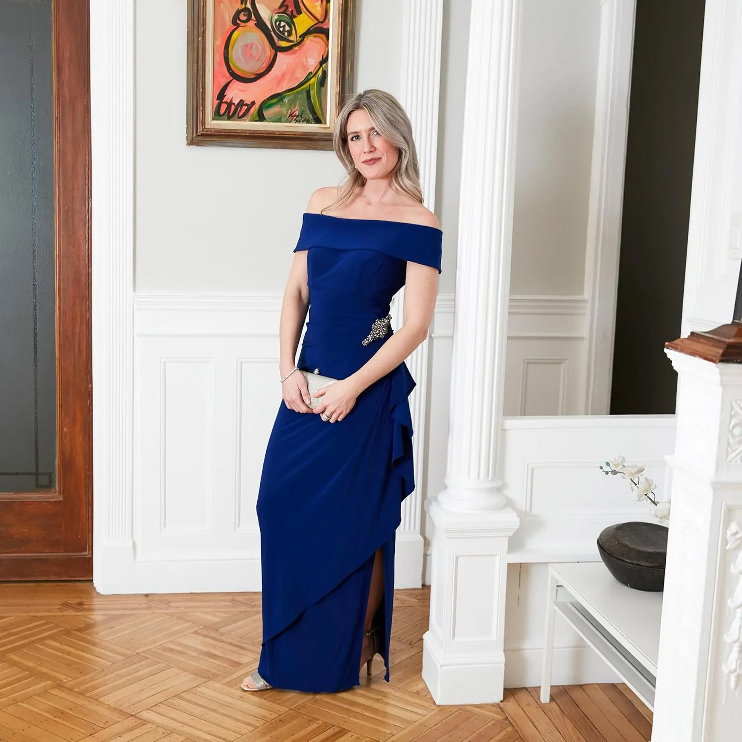 Alex Evenings Women's Long Foldover Off The Shoulder Gown, Formal Event, Mother of The Bride Dress