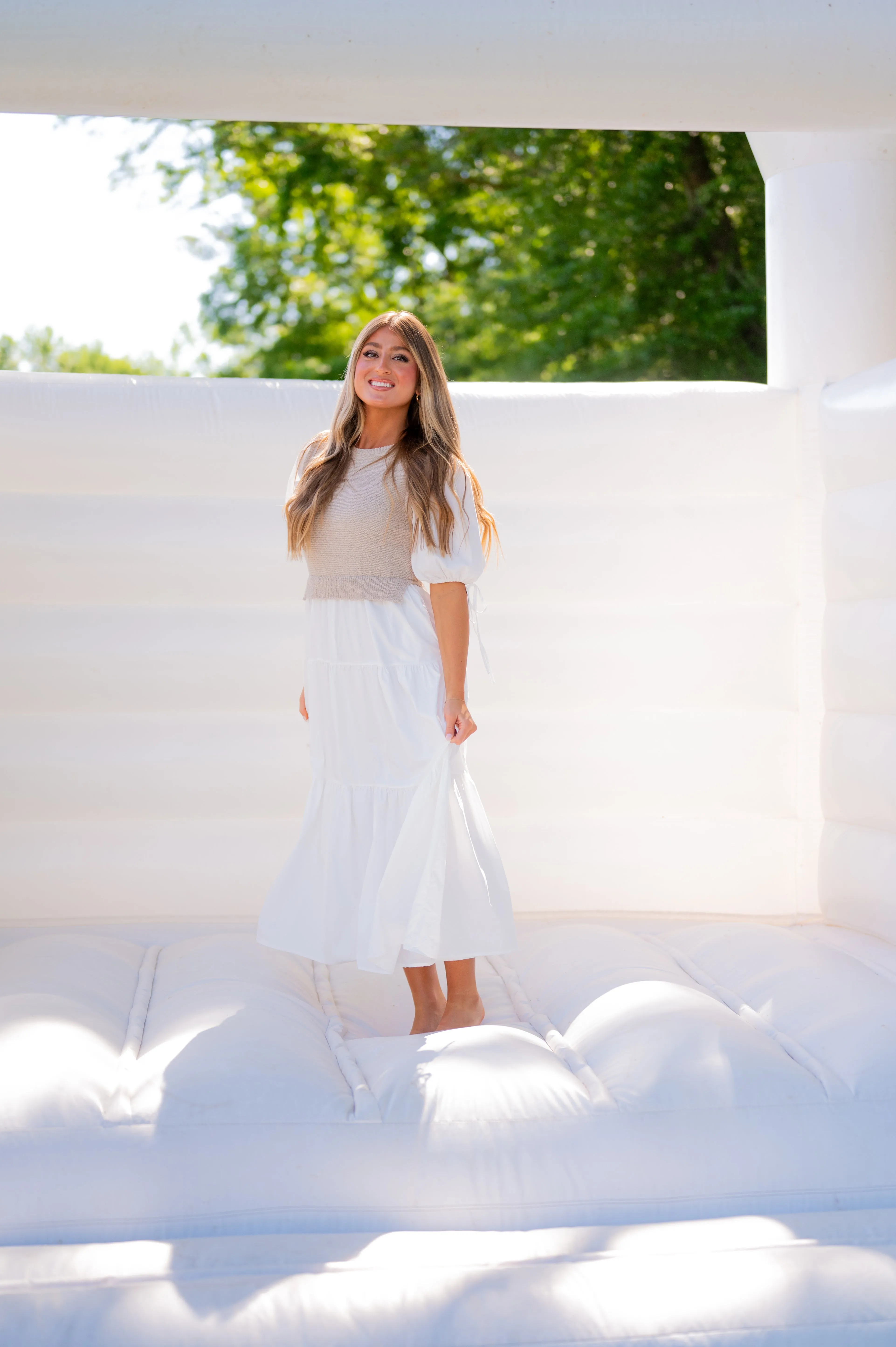 Alys Puff Sleeve Dress-Tan/White