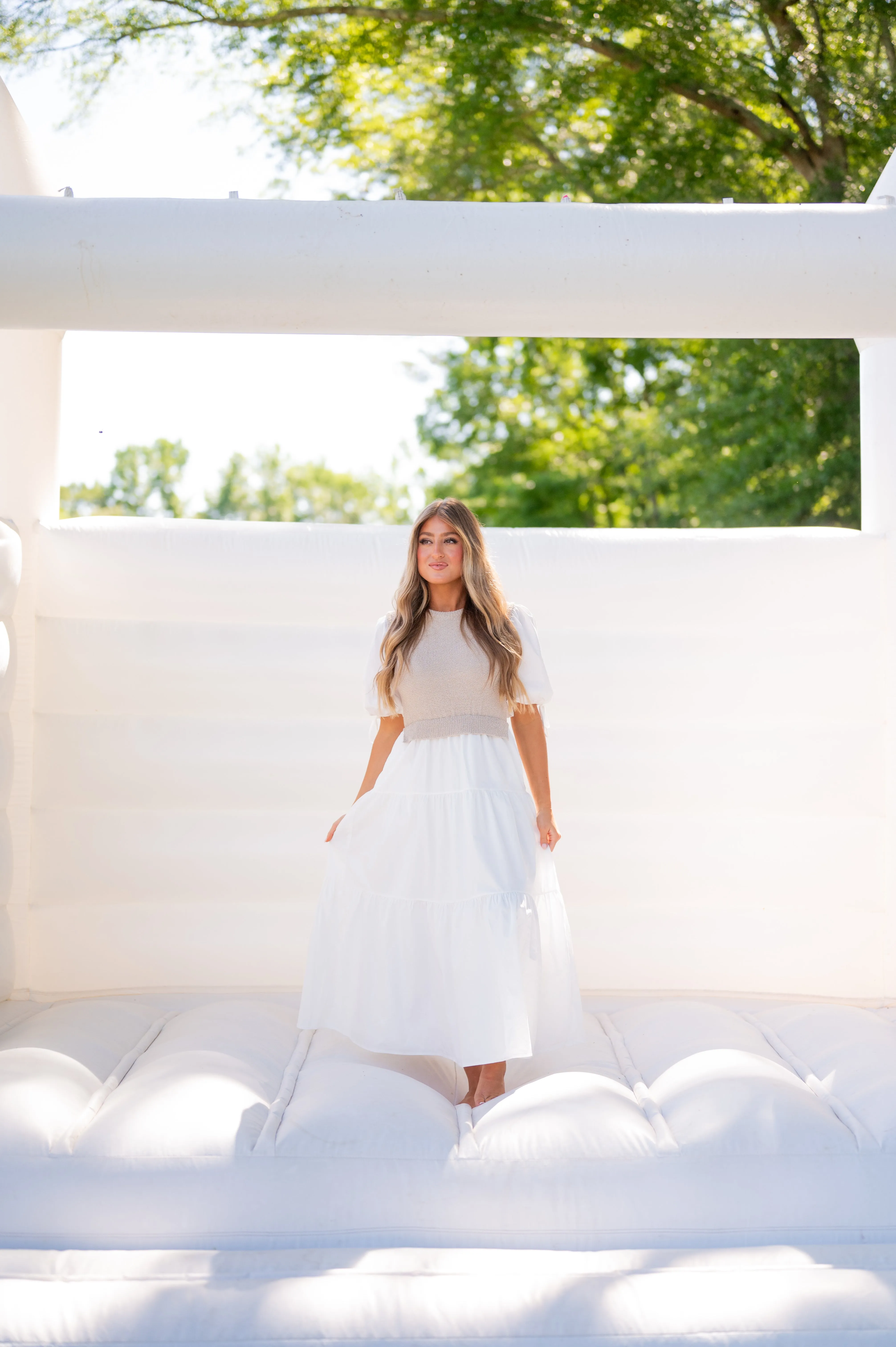 Alys Puff Sleeve Dress-Tan/White