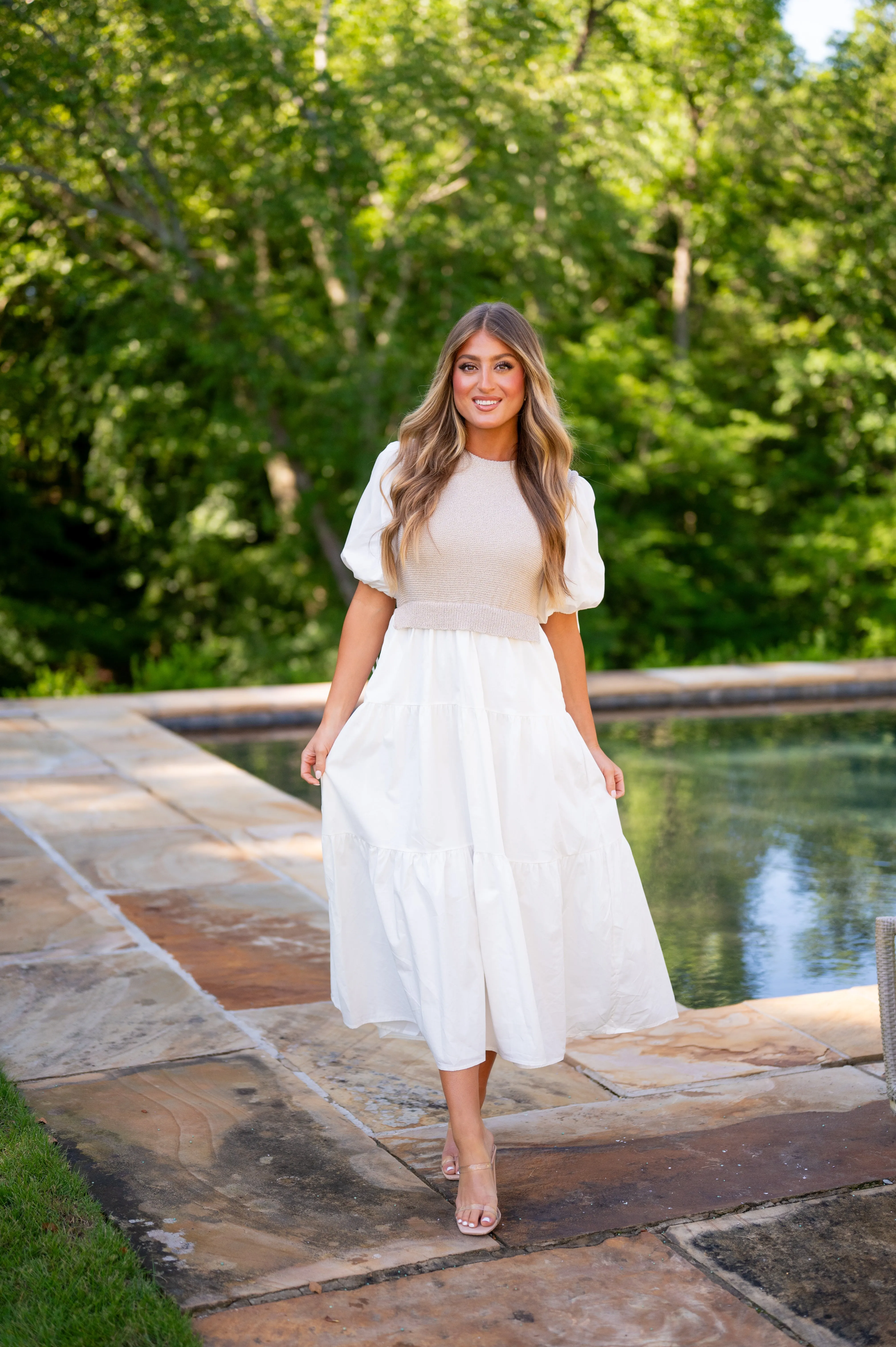 Alys Puff Sleeve Dress-Tan/White