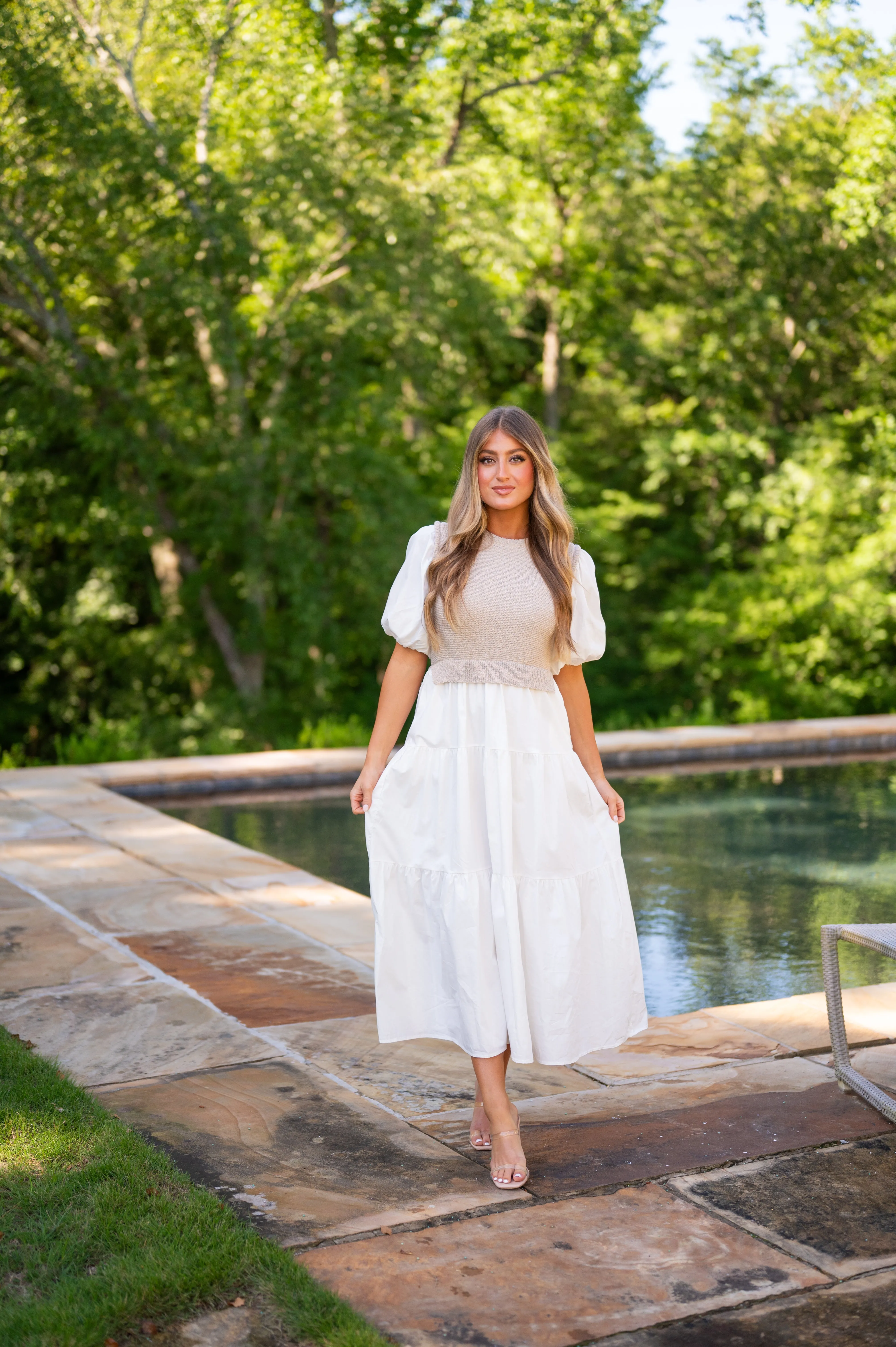 Alys Puff Sleeve Dress-Tan/White