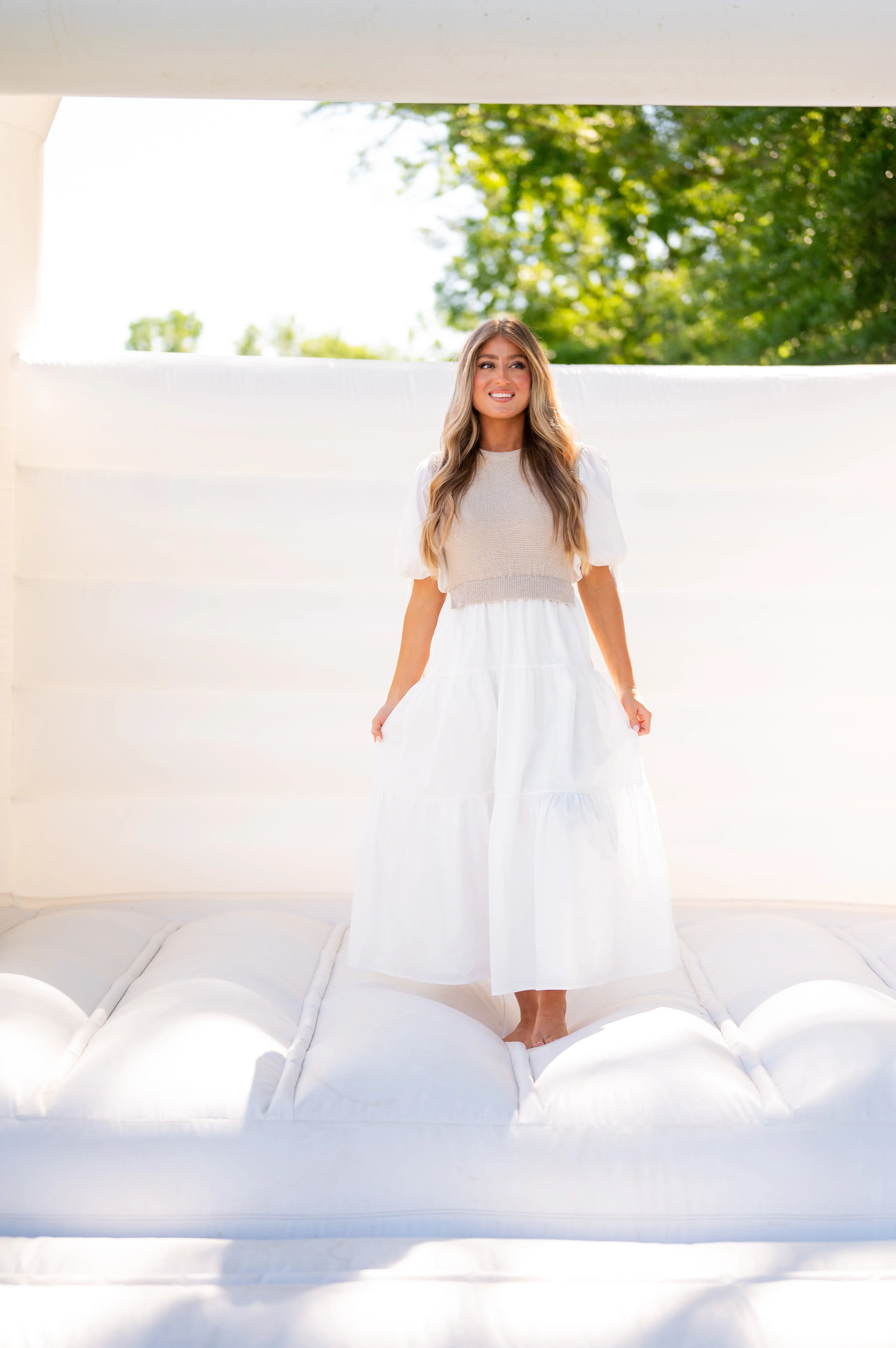 Alys Puff Sleeve Dress-Tan/White