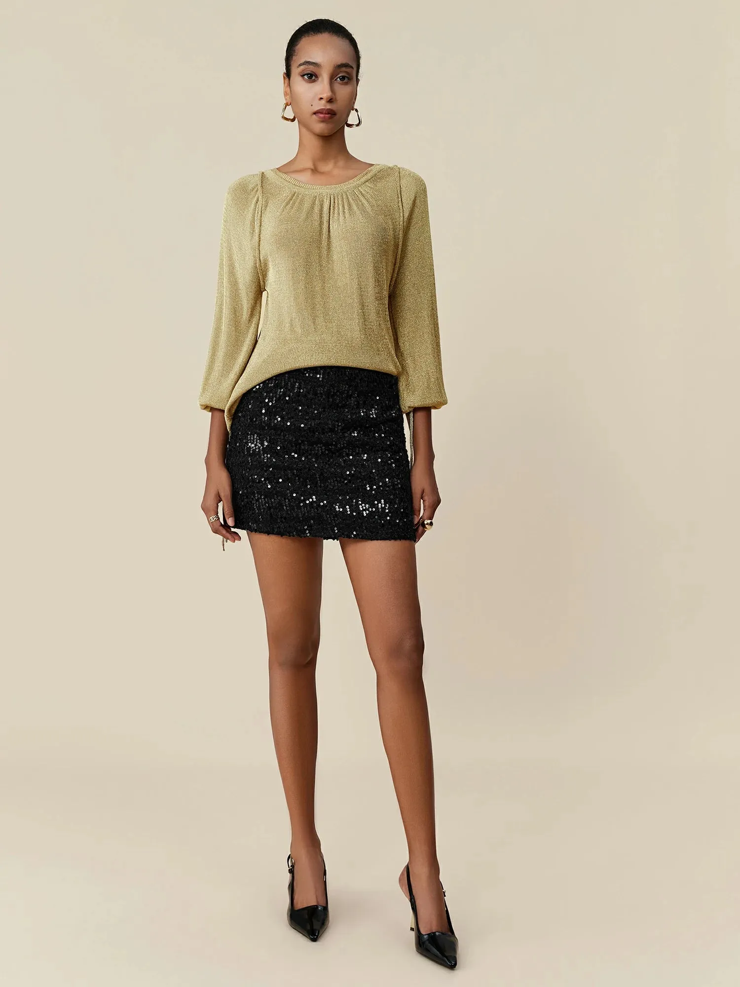 Amoretu Round Neck Long Sleeve Drawstring Glitter Top