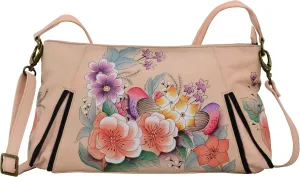 Anna by Anuschka Women's Genuine Leather Wide Cross Body Satchel - Hand Painted Original Artwork - Zip-Top Organizer