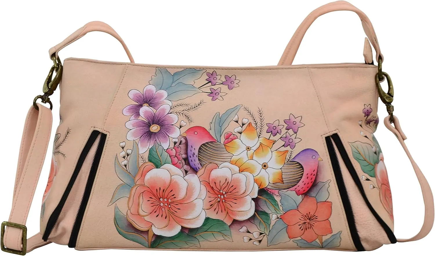 Anna by Anuschka Women's Genuine Leather Wide Cross Body Satchel - Hand Painted Original Artwork - Zip-Top Organizer