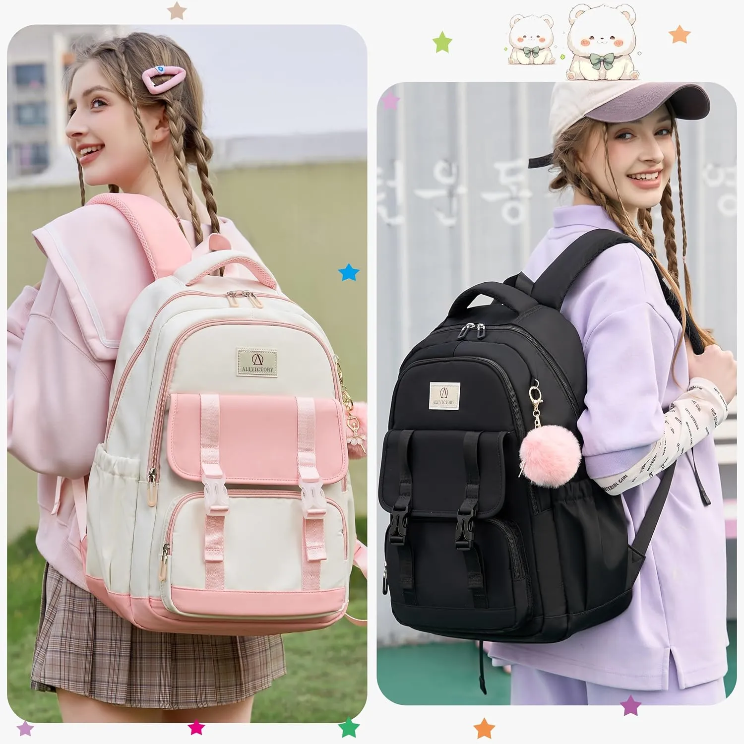 AO ALI VICTORY School Backpack for Girls Women 15.6 Inch Laptop Backpacks College Bookbag Cute Kids Elementary Middle High School Bag with Lunch Box Set for Teens Students Travel Daypack, Pink Set
