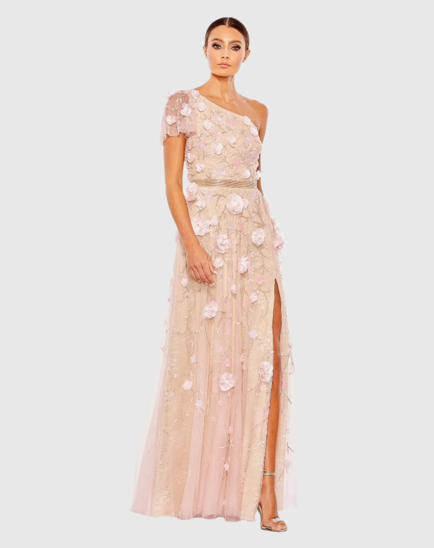Asymmetric floral embroidered gown - Blush
