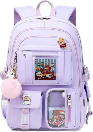 Backpack for Girls with Accessories Laptop Bookbags 16 Inch Kawaii Kids Elementary Middle High School Bag College Travel Daypack Gifts for Teens Women Students (Purple)