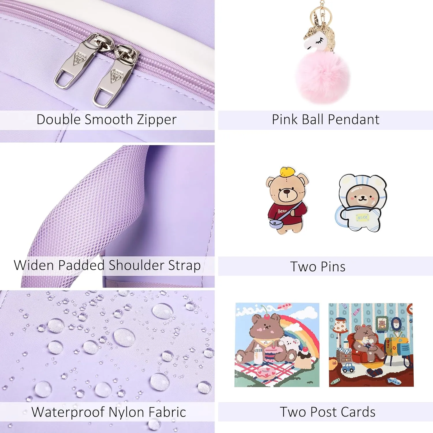 Backpack for Girls with Accessories Laptop Bookbags 16 Inch Kawaii Kids Elementary Middle High School Bag College Travel Daypack Gifts for Teens Women Students (Purple)