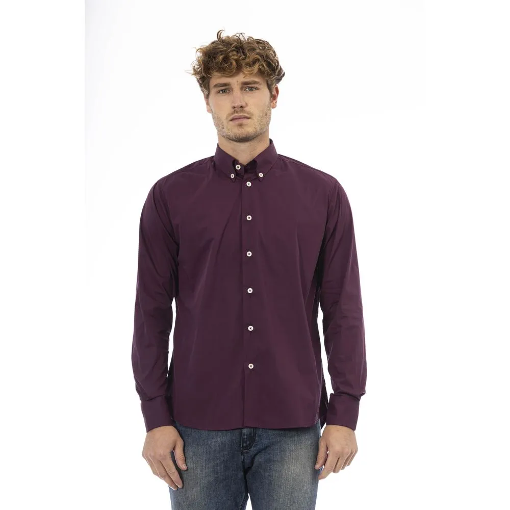 Baldinini Trend Burgundy Cotton Men Shirt with Button-Down Neck and Cuffs