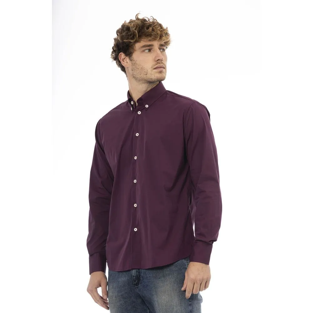 Baldinini Trend Burgundy Cotton Men Shirt with Button-Down Neck and Cuffs