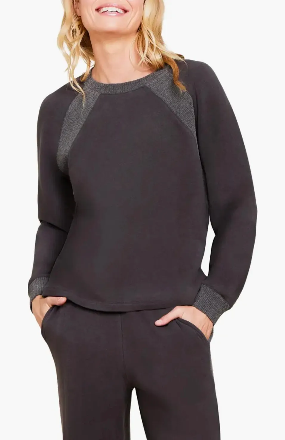 Barefoot Dreams: MC Brushed Fleece Mix Raglan Cardigan in Carbon