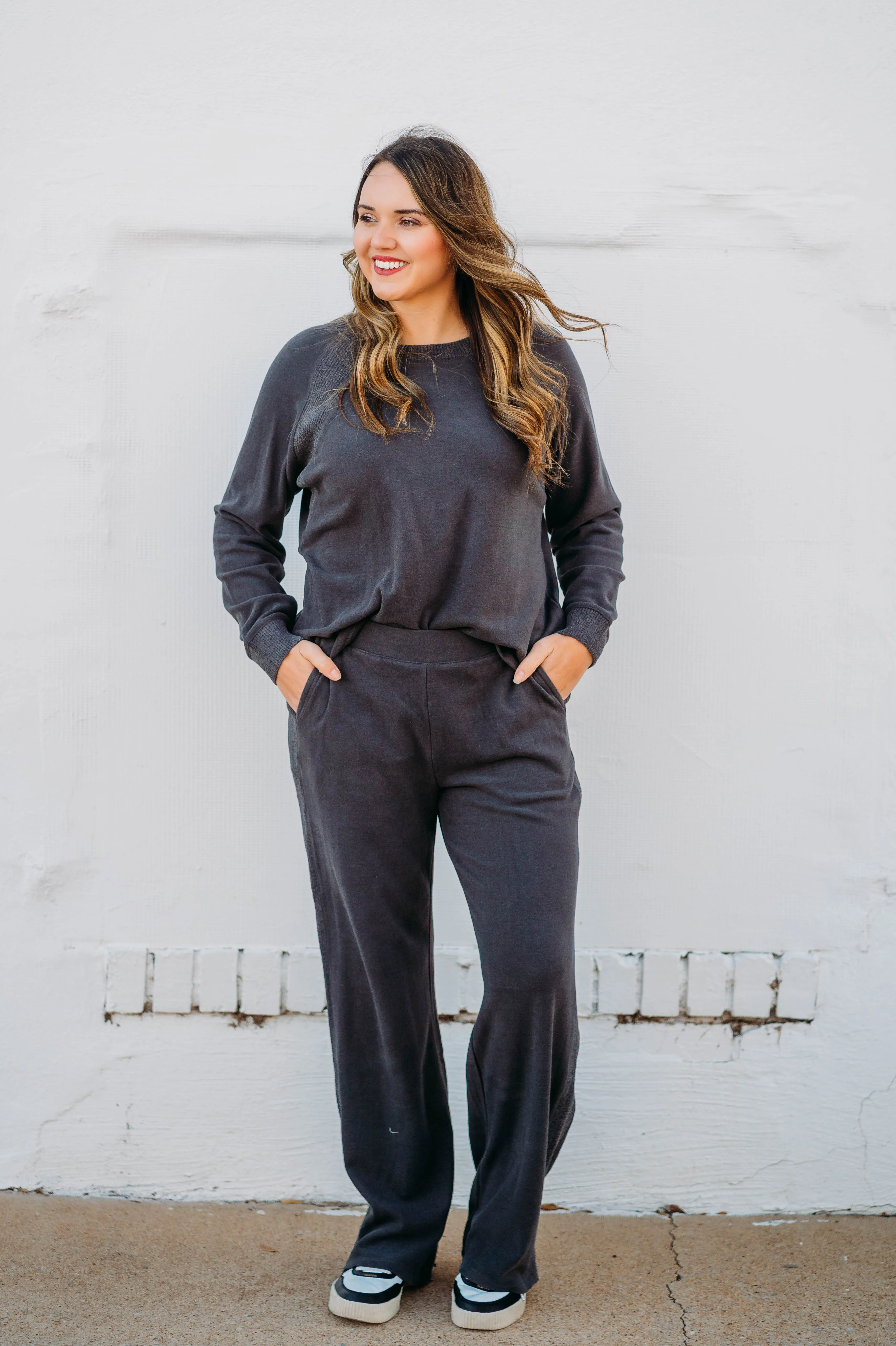 Barefoot Dreams: MC Brushed Fleece Mix Raglan Cardigan in Carbon
