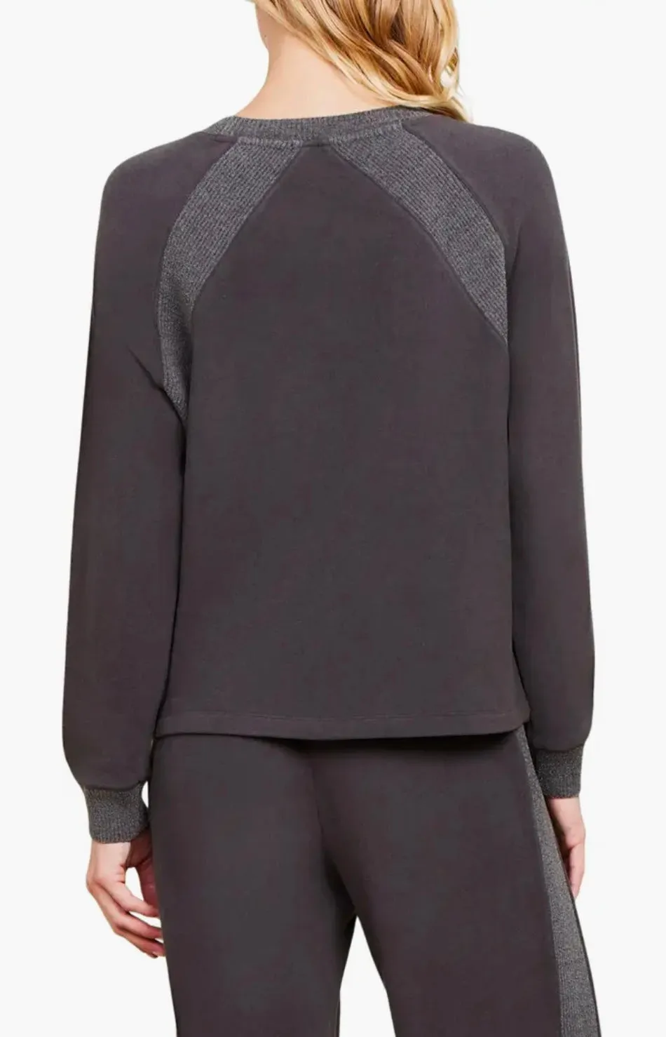 Barefoot Dreams: MC Brushed Fleece Mix Raglan Cardigan in Carbon