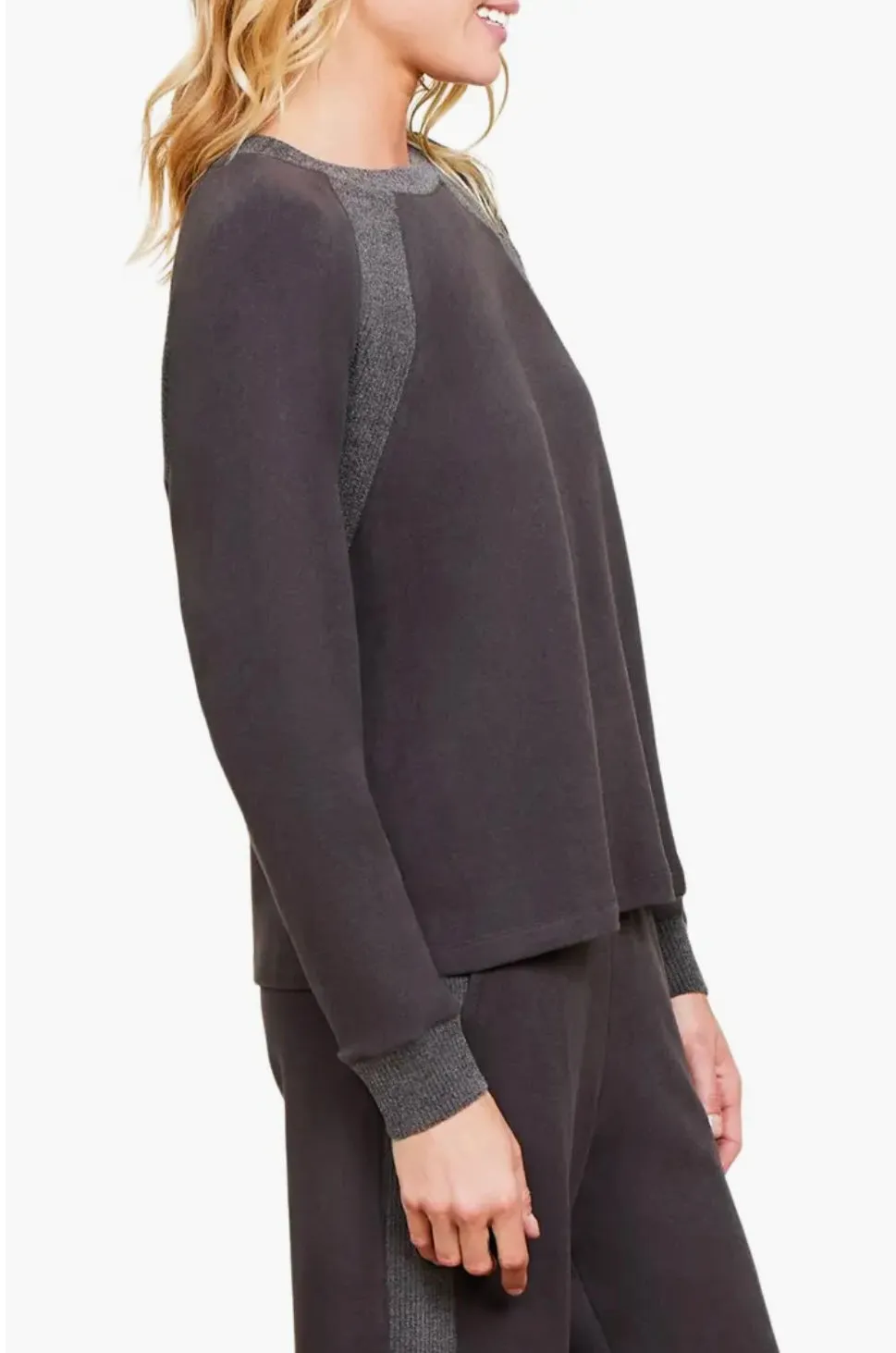 Barefoot Dreams: MC Brushed Fleece Mix Raglan Cardigan in Carbon
