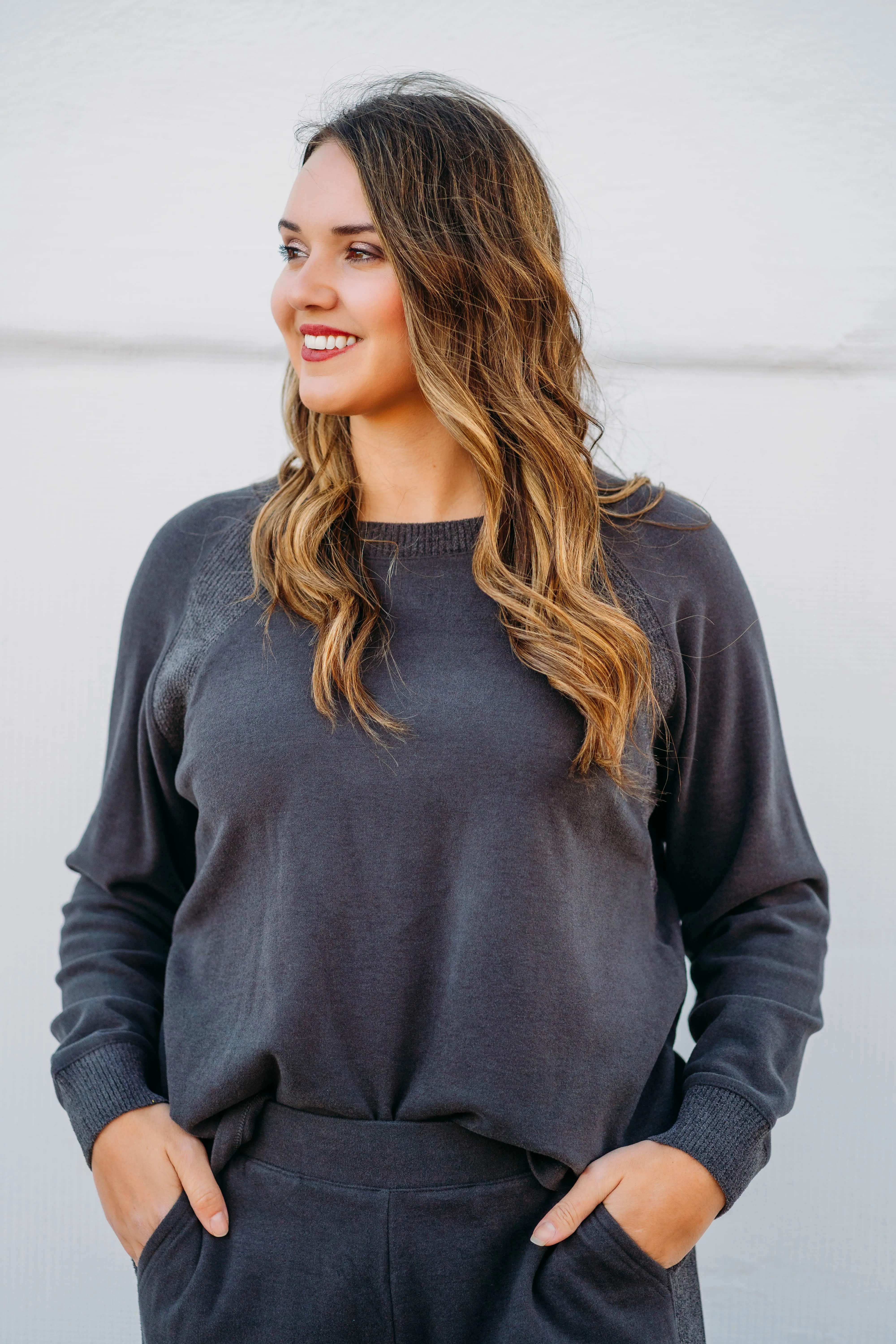 Barefoot Dreams: MC Brushed Fleece Mix Raglan Cardigan in Carbon