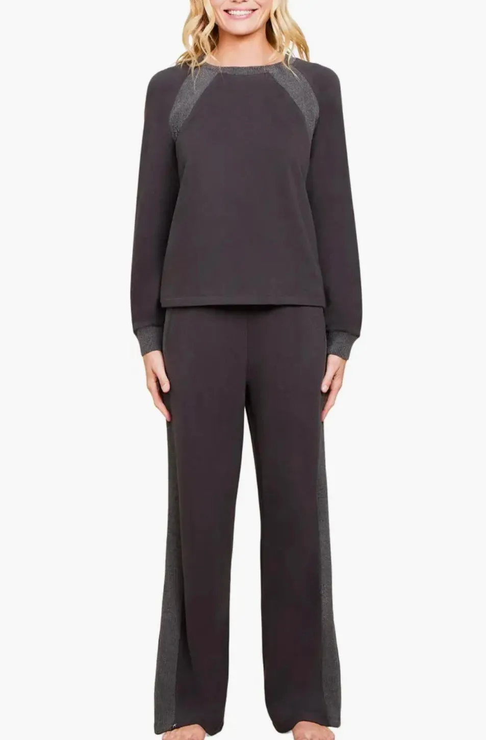 Barefoot Dreams: MC Brushed Fleece Mix Raglan Cardigan in Carbon