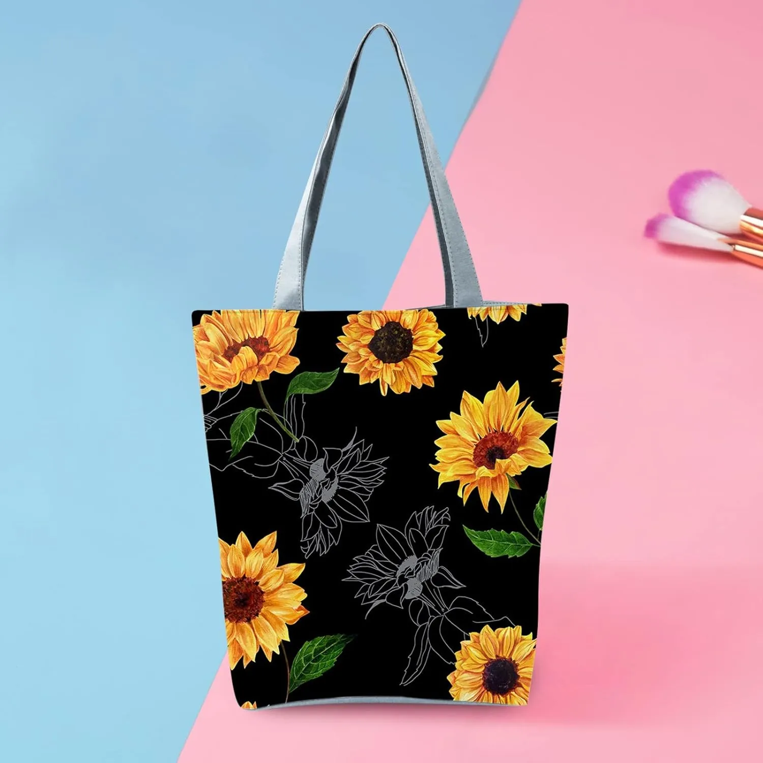 Beach Tote Bag Sunflower Printed Canvas Women's Casual Large Zippered Shoulder Bag For Outdoor Beach Travel Essential E