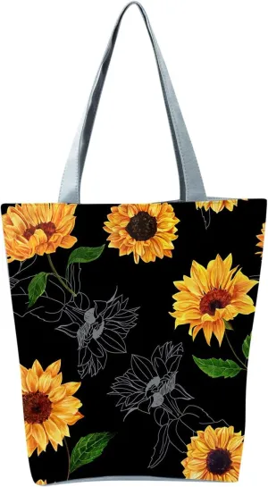 Beach Tote Bag Sunflower Printed Canvas Women's Casual Large Zippered Shoulder Bag For Outdoor Beach Travel Essential E