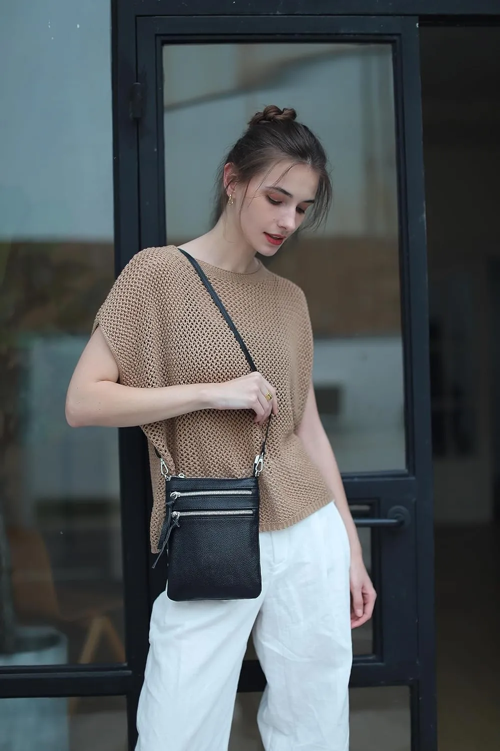befen Small Black Genuine Leather Crossbody Purses Tripple Zipper with Crossbody Hobo Purses Shoulder Bags
