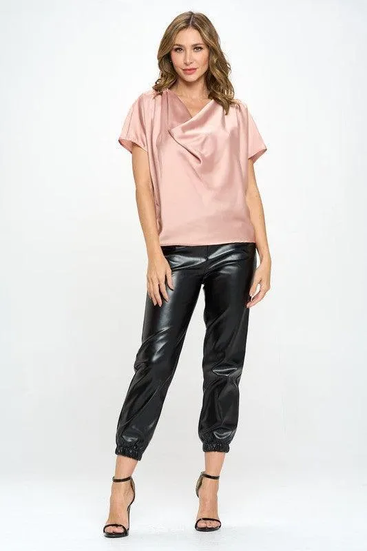 Beige Satin Cowl Neck Short Sleeve Top