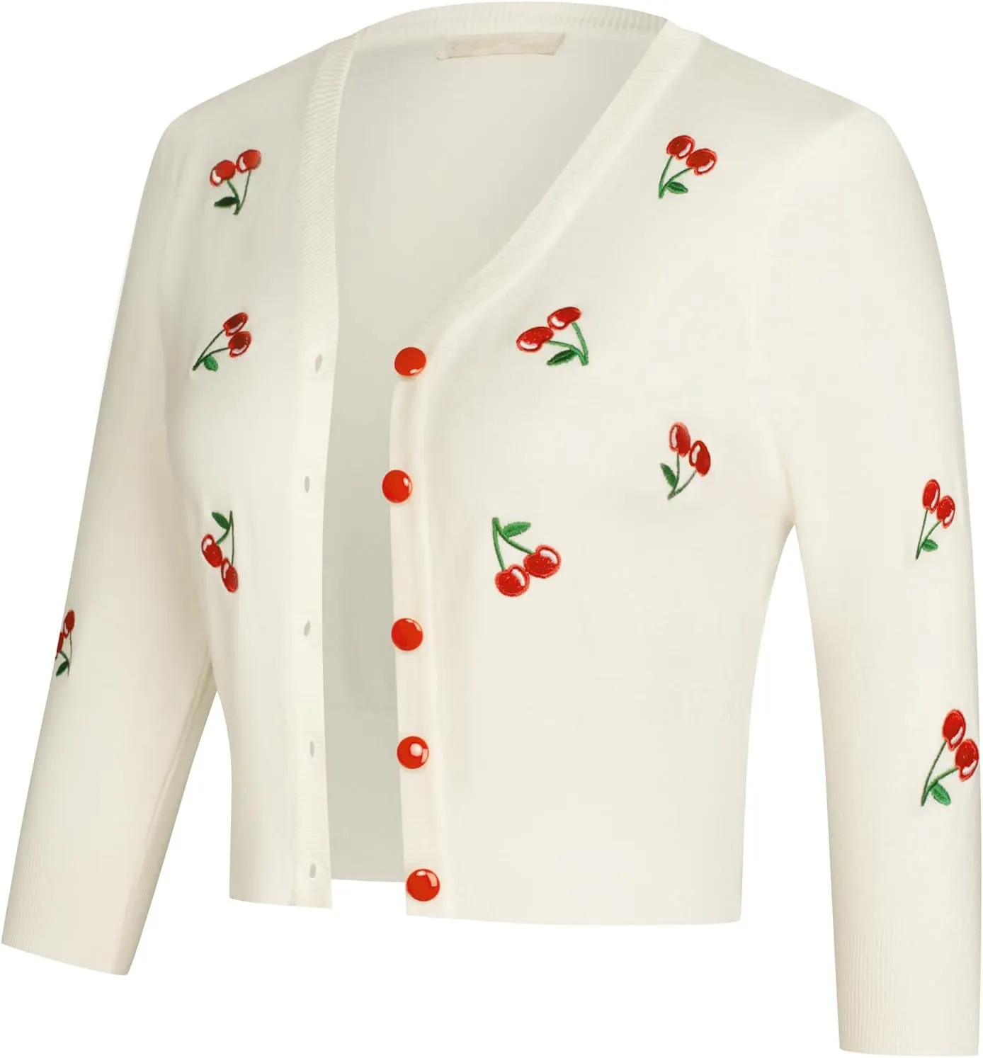 Belle Poque Women's 3/4 Sleeve V-Neck Button Down Cherries Embroidery Cropped Cardigan Sweater Coat
