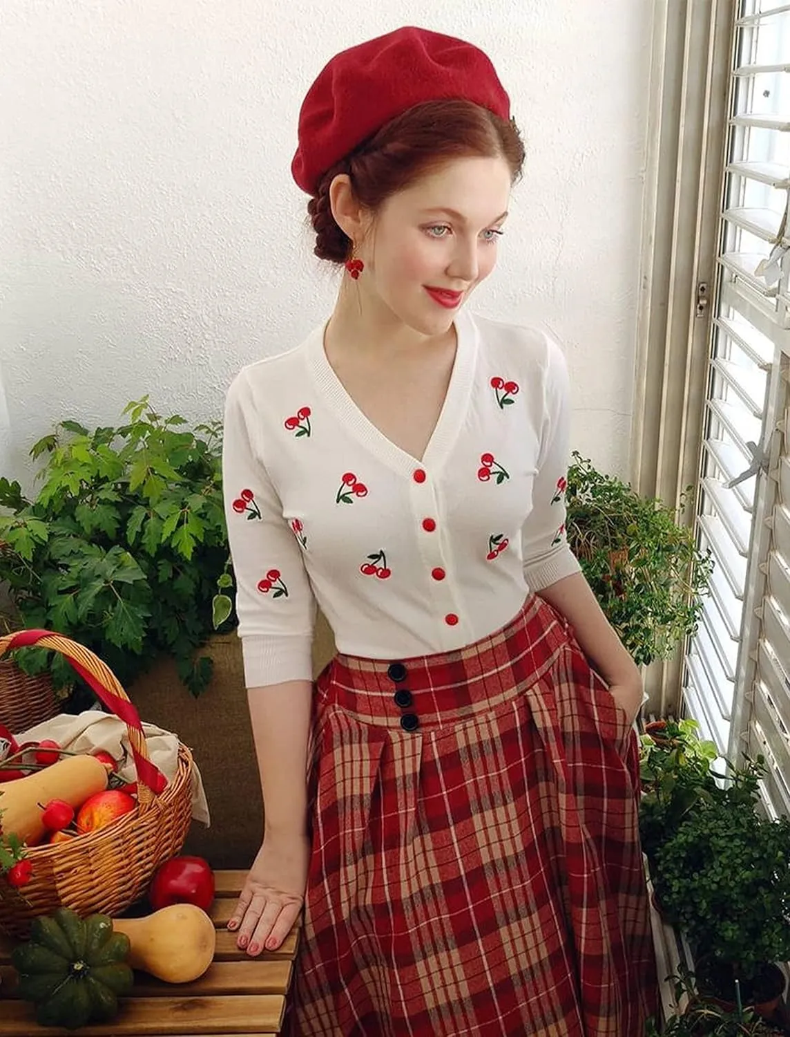 Belle Poque Women's 3/4 Sleeve V-Neck Button Down Cherries Embroidery Cropped Cardigan Sweater Coat