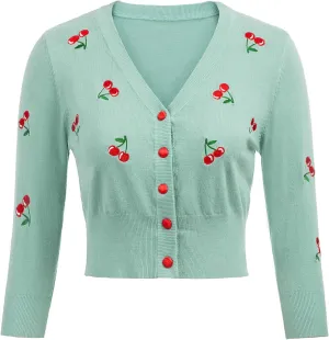 Belle Poque Women's 3/4 Sleeve V-Neck Button Down Cherries Embroidery Cropped Cardigan Sweater Coat