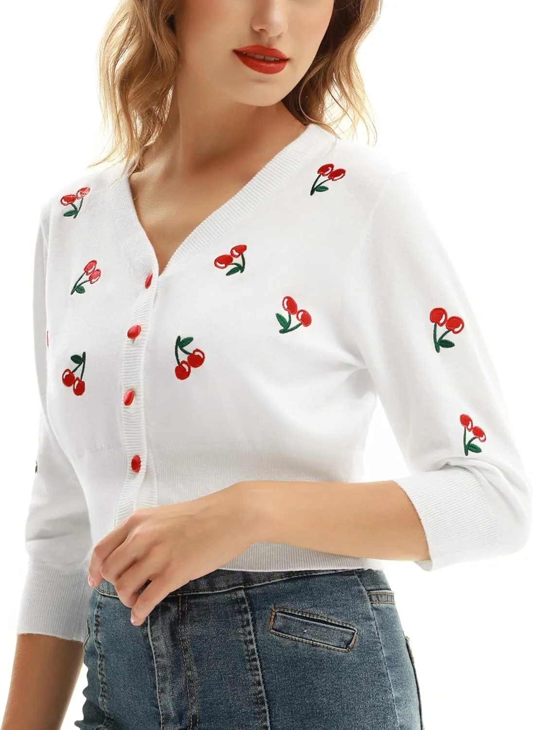 Belle Poque Women's 3/4 Sleeve V-Neck Button Down Cherries Embroidery Cropped Cardigan Sweater Coat