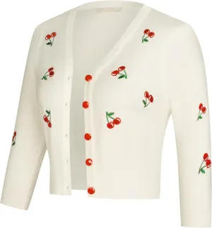 Belle Poque Women's 3/4 Sleeve V-Neck Button Down Cherries Embroidery Cropped Cardigan Sweater Coat
