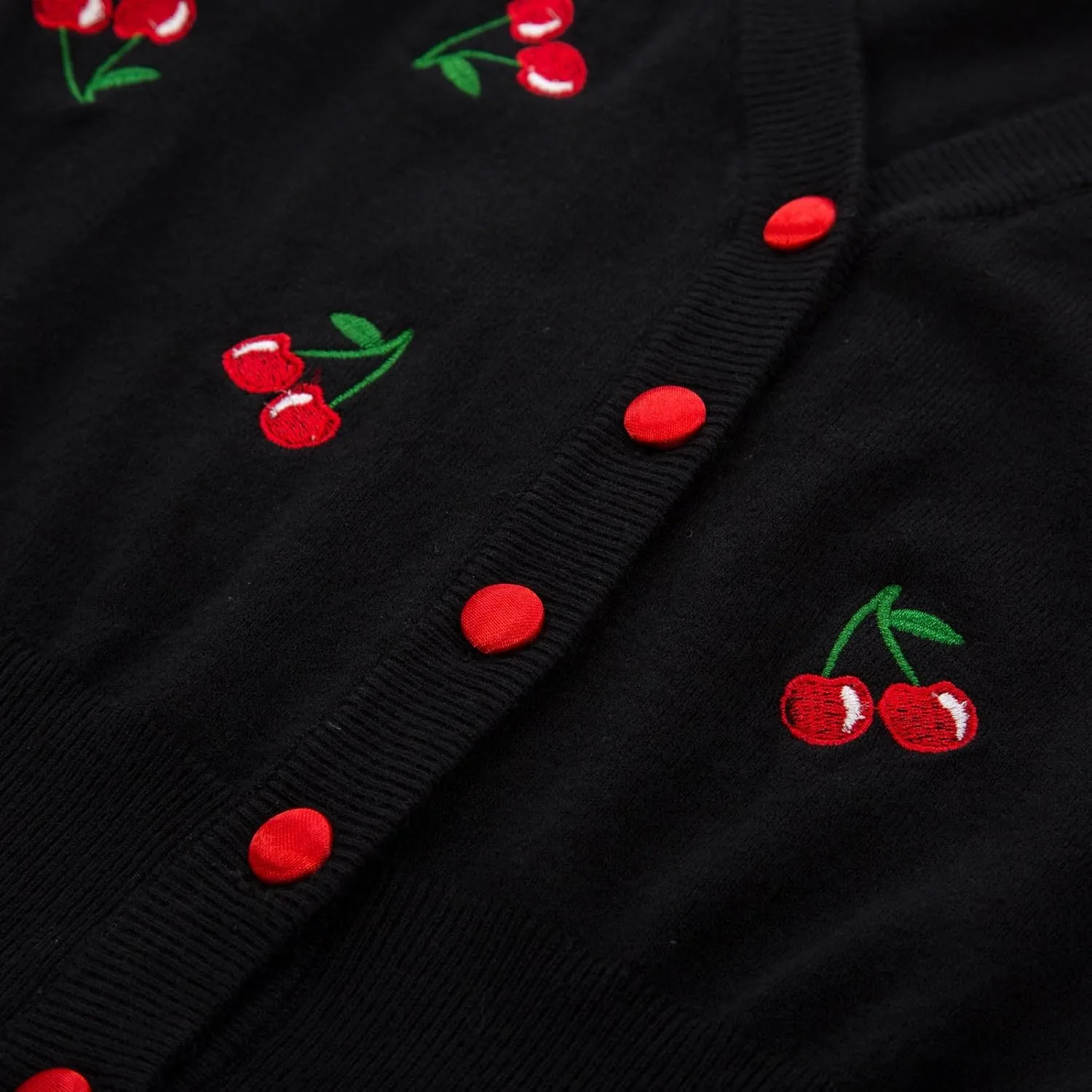 Belle Poque Women's 3/4 Sleeve V-Neck Button Down Cherries Embroidery Cropped Cardigan Sweater Coat