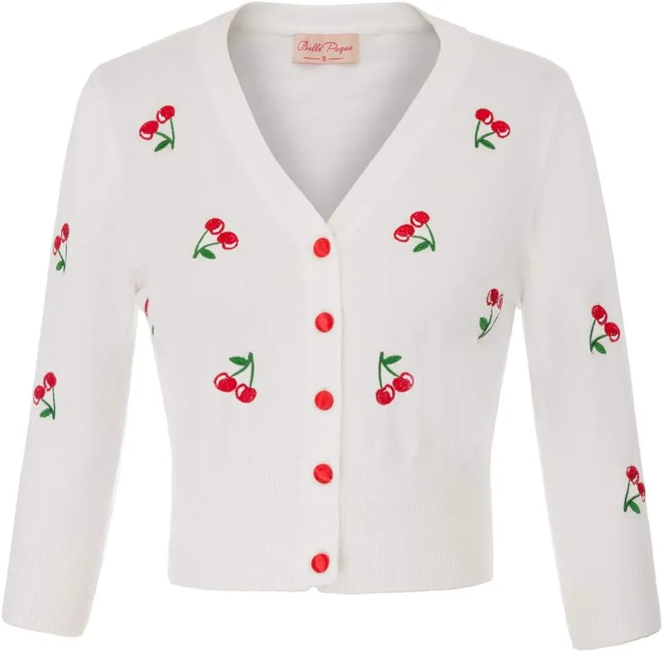 Belle Poque Women's 3/4 Sleeve V-Neck Button Down Cherries Embroidery Cropped Cardigan Sweater Coat