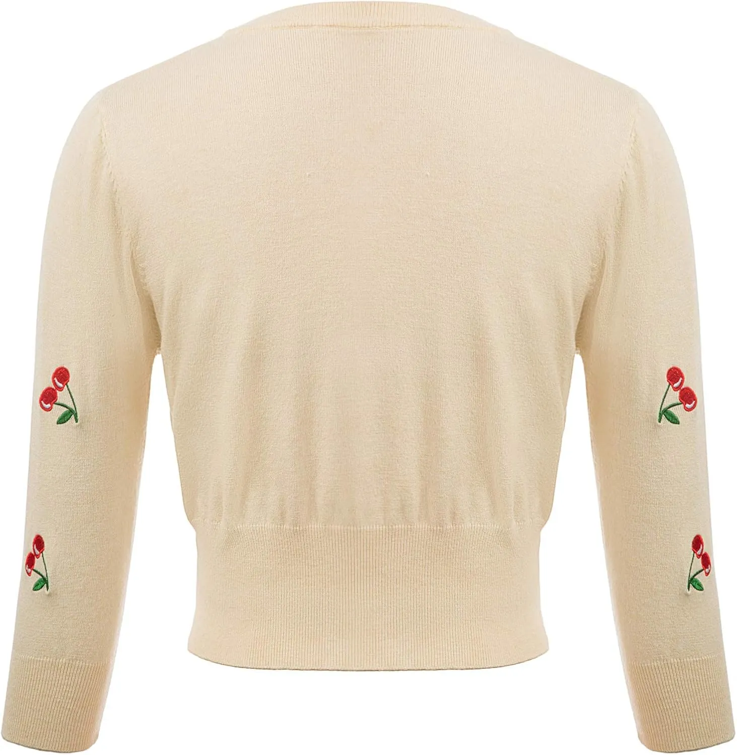 Belle Poque Women's 3/4 Sleeve V-Neck Button Down Cherries Embroidery Cropped Cardigan Sweater Coat