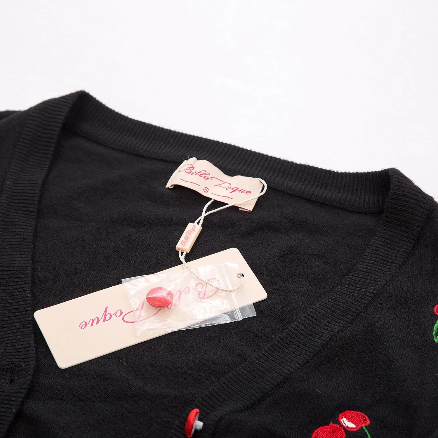 Belle Poque Women's 3/4 Sleeve V-Neck Button Down Cherries Embroidery Cropped Cardigan Sweater Coat