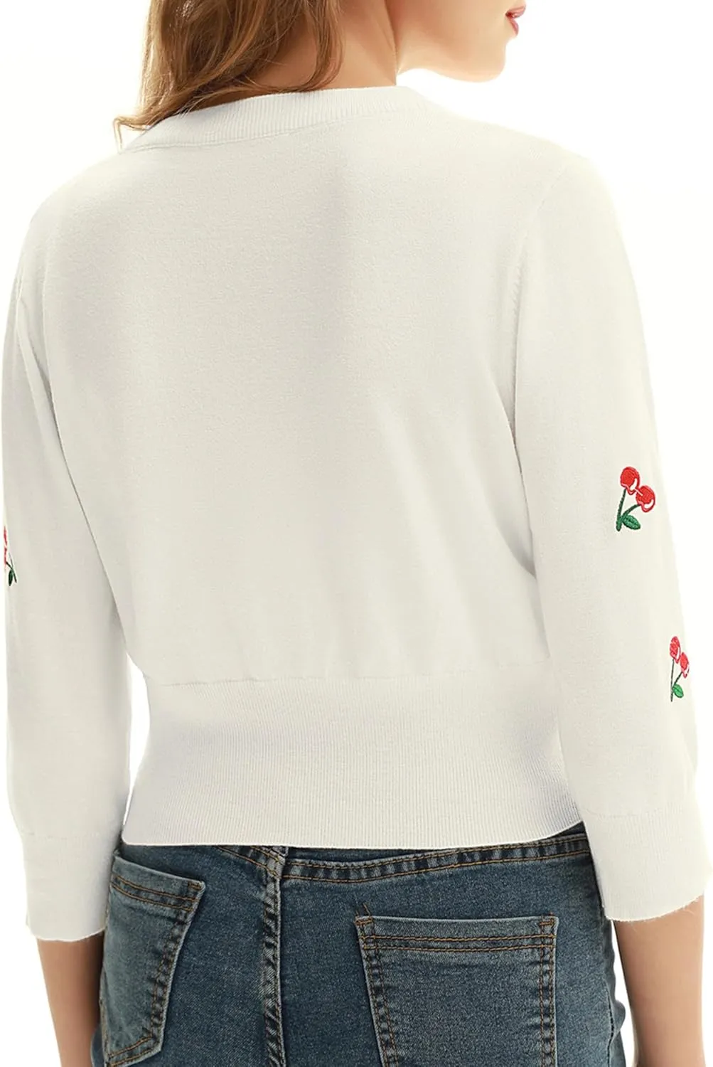 Belle Poque Women's 3/4 Sleeve V-Neck Button Down Cherries Embroidery Cropped Cardigan Sweater Coat