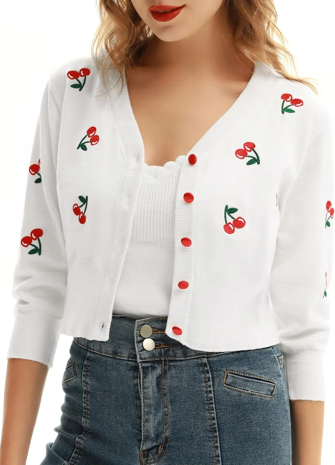 Belle Poque Women's 3/4 Sleeve V-Neck Button Down Cherries Embroidery Cropped Cardigan Sweater Coat