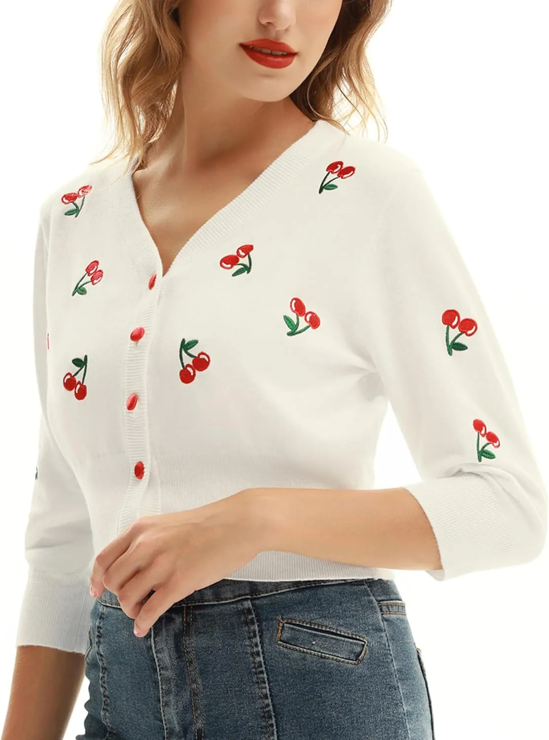 Belle Poque Women's 3/4 Sleeve V-Neck Button Down Cherries Embroidery Cropped Cardigan Sweater Coat