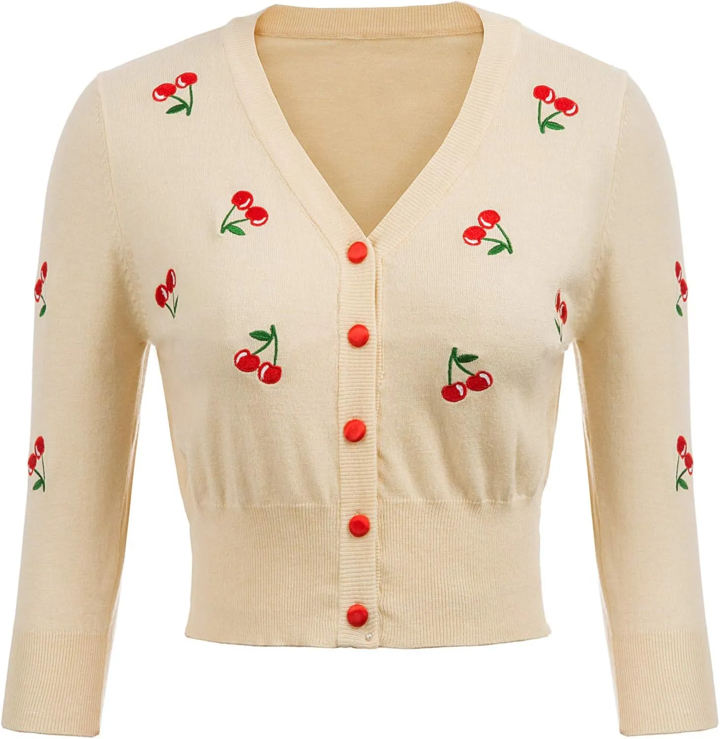 Belle Poque Women's 3/4 Sleeve V-Neck Button Down Cherries Embroidery Cropped Cardigan Sweater Coat