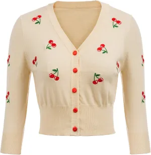 Belle Poque Women's 3/4 Sleeve V-Neck Button Down Cherries Embroidery Cropped Cardigan Sweater Coat