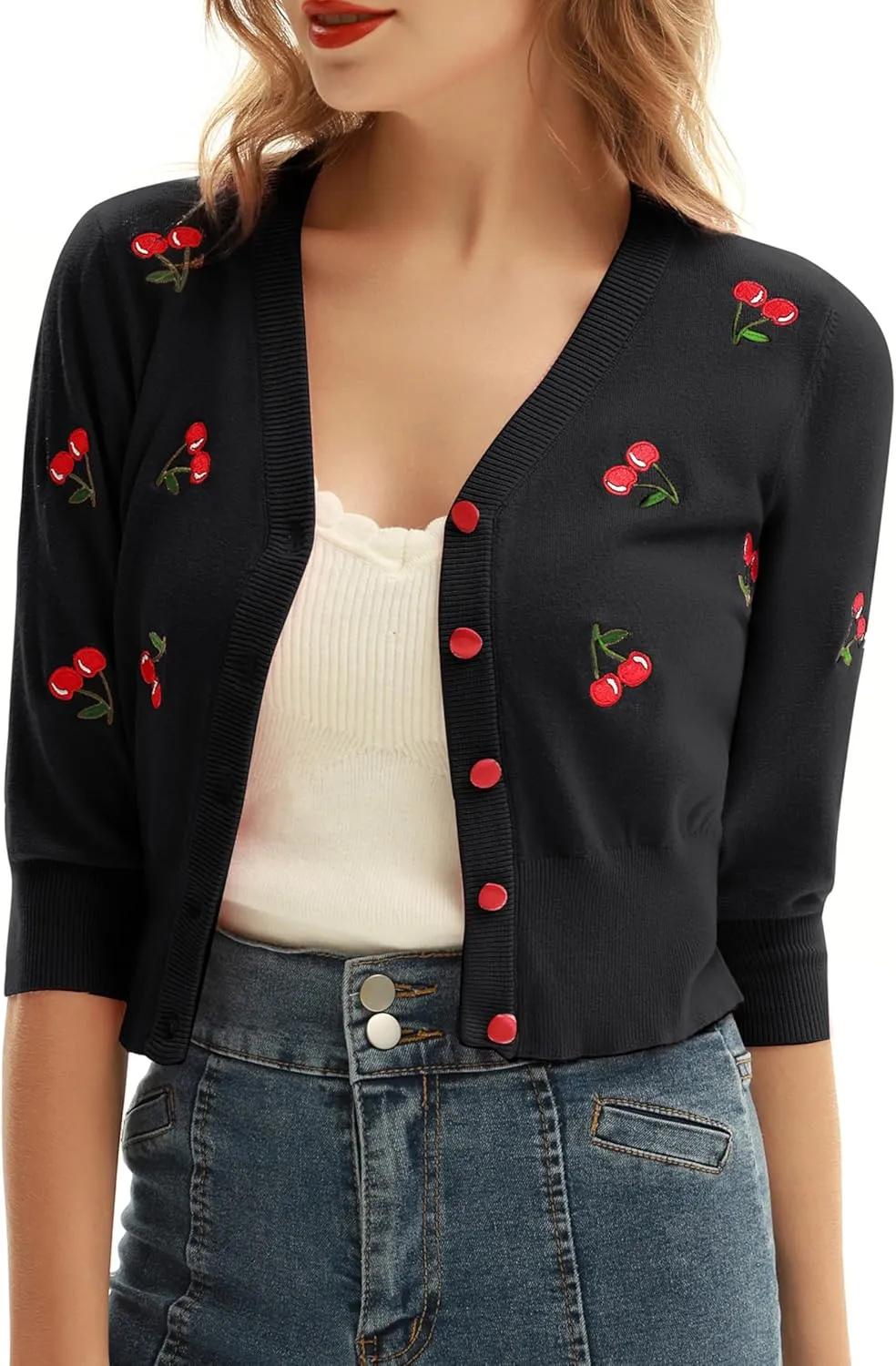 Belle Poque Women's 3/4 Sleeve V-Neck Button Down Cherries Embroidery Cropped Cardigan Sweater Coat