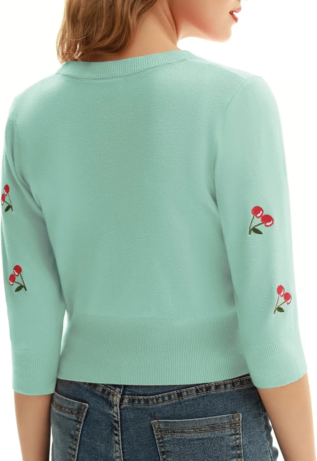 Belle Poque Women's 3/4 Sleeve V-Neck Button Down Cherries Embroidery Cropped Cardigan Sweater Coat